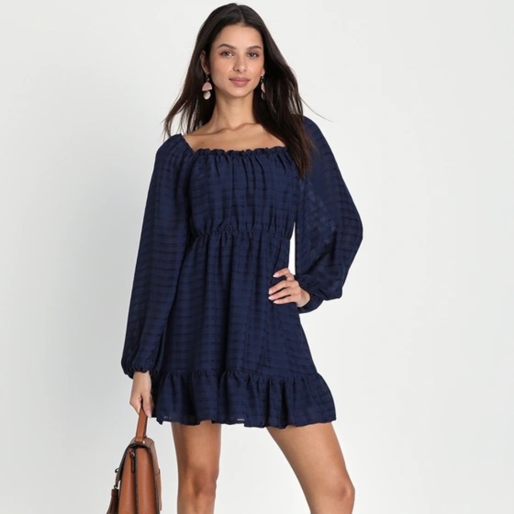Lulus Adored Feeling Navy Blue Balloon Sleeve Skater Mini Dress - S - EUC